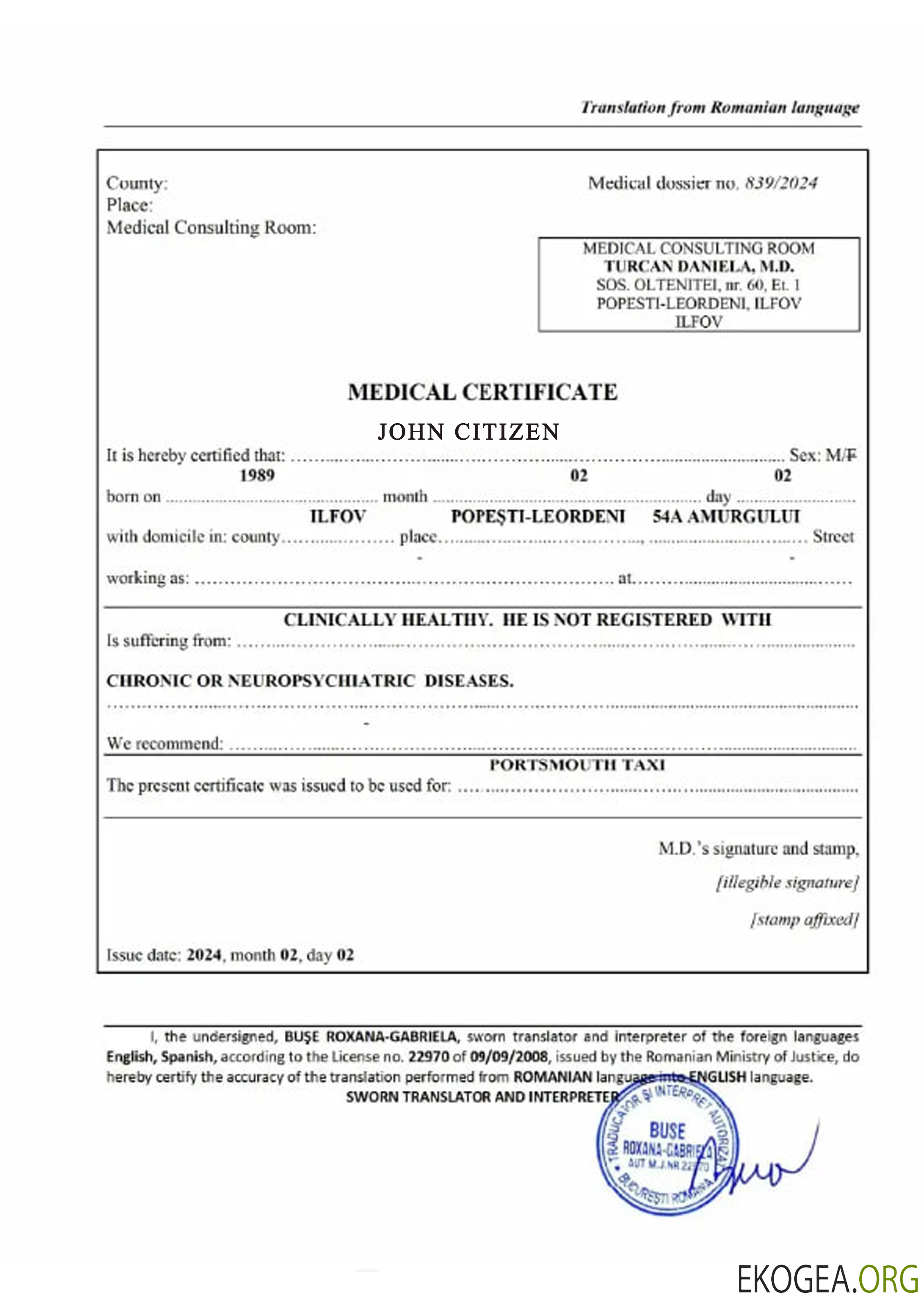 Certificat médical de Roumanie